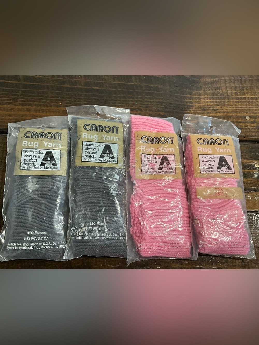 Vintage Lot of 4 Caron Precut Rug Yarn Acrylic Pink Charcoal NOS
